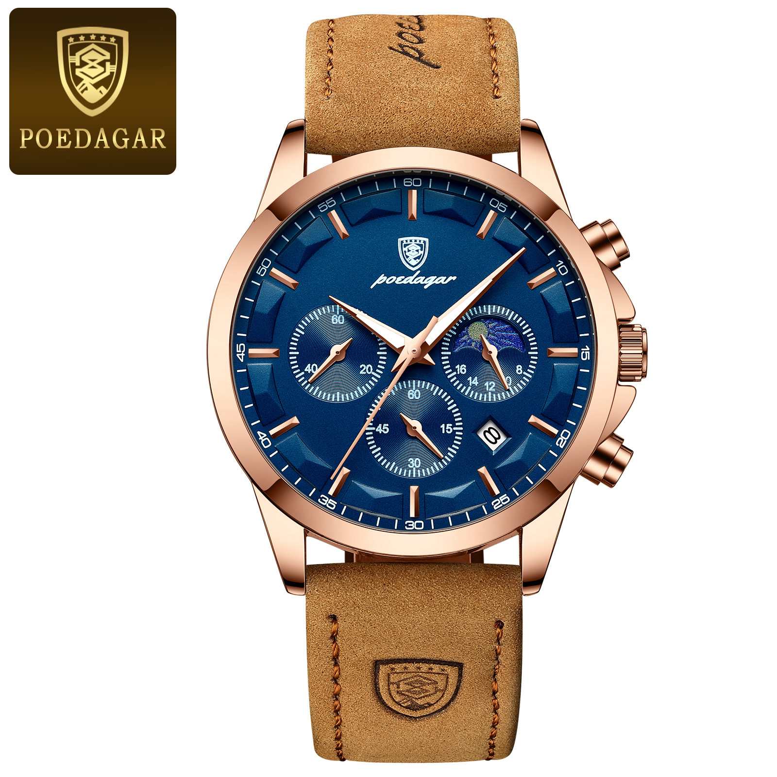POEDAGAR multifuncional nuevo reloj de hombre moda seis agujas cronógrafo reloj de pulsera de cuarzo correa relojes casuales P928 image 6