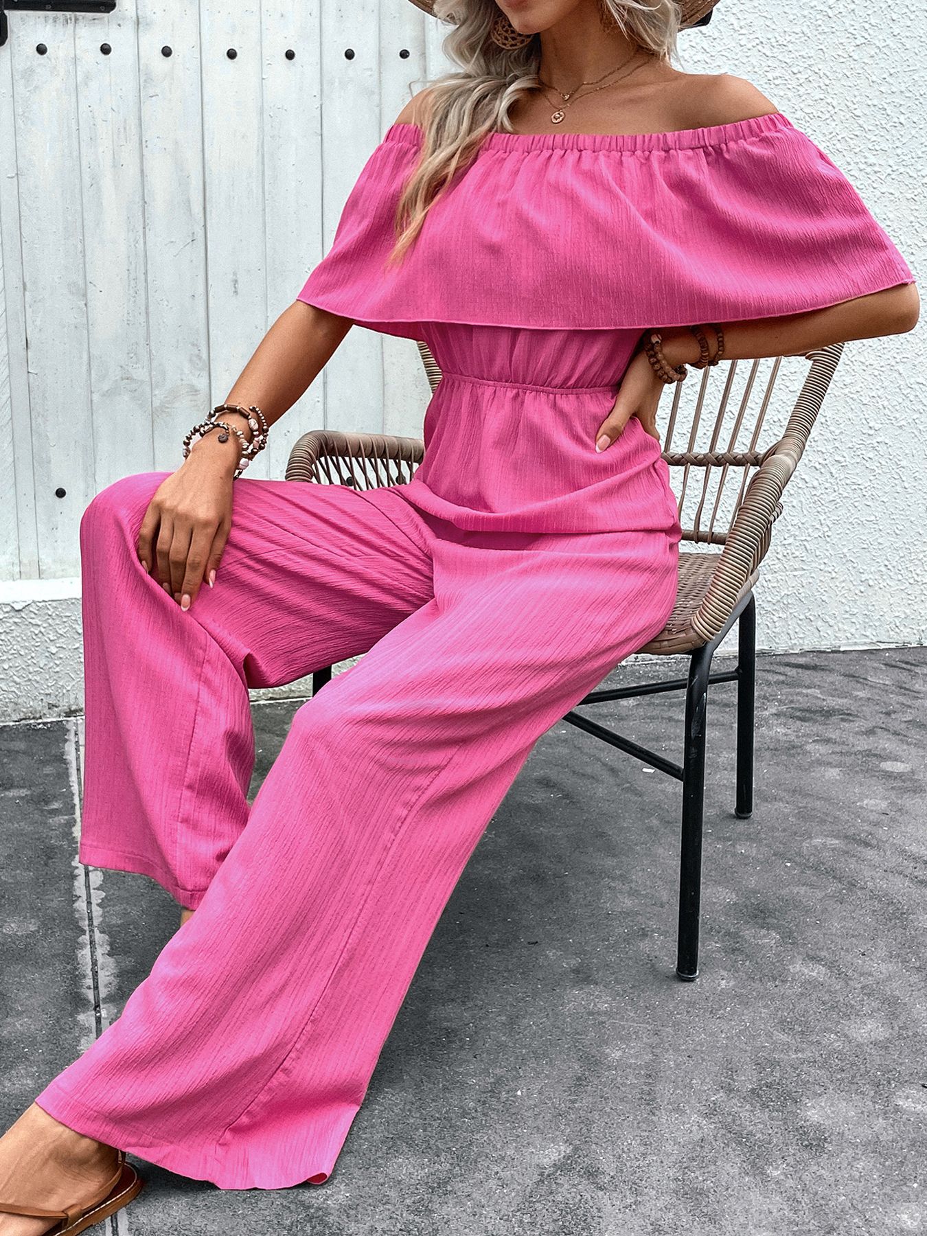 Summer Wide Leg Pants Off Shoulder Solid Color Trousers Jumpsuit