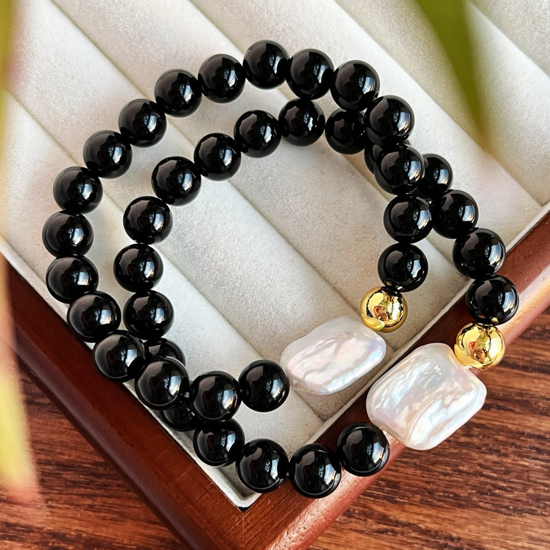 Authentic and Guaranteed, Supports Re-Inspection, Chinese Style Retro High-Quality Natural Black Agate and Natural Freshwater Baroque Pearl Bracelet