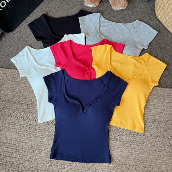 5107 # Sexy Peach Heart Collar Slim Short-Sleeved T-Shirt for Women Summer Pure Desire V Neck Button Pure Color Casual Versatile Top