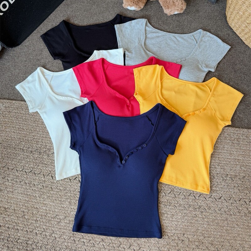 5107 # Sexy Peach Heart Collar Slim Short-Sleeved T-Shirt for Women Summer Pure Desire V Neck Button Pure Color Casual Versatile Top