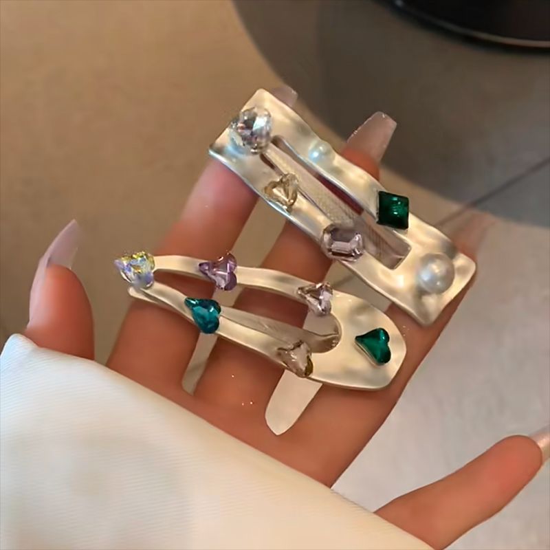 Kleurrijke edelsteen retro elegante zilveren legering Parel Strass eendenbek clip haarspeld meisje Hart zij pony clip_voghion.com