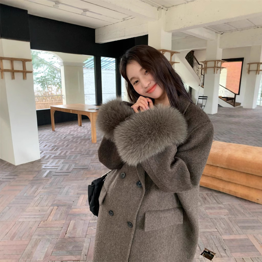 2025 가을 겨울 신상품 고급스러운 탈부착 가능한 여우털 고급스러운 양면 모직 롱 코트