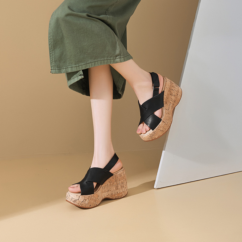 Sandal cao gót nữ quai chéo hở mũi đế xuồng 10cm da bò thật phong cách La Mã — màu đen, màu trắng ngà