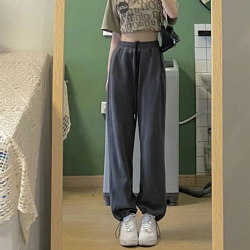 ins Super Hot Gray Leggings Pants for Women Spring & Fall K-style Design Drawstring Closure Loose Student Straight Pants