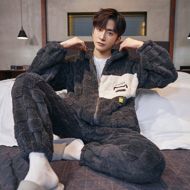 Pijamas Otoño e Invierno de los hombres de lana de coral forrado de lana gruesa caliente con capucha franela suelta más tamaño homewear traje