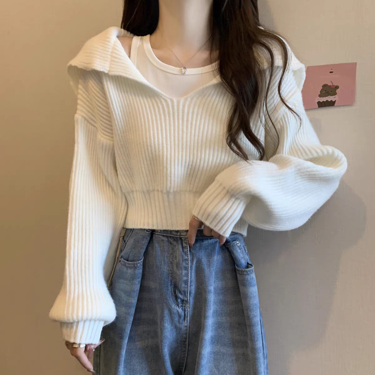 Conjunto de dos piezas gratis abrigo de suéter de cuello azul marino para mujeres 2023 Otoño e Invierno suéter suelto pequeño suéter corto image 8