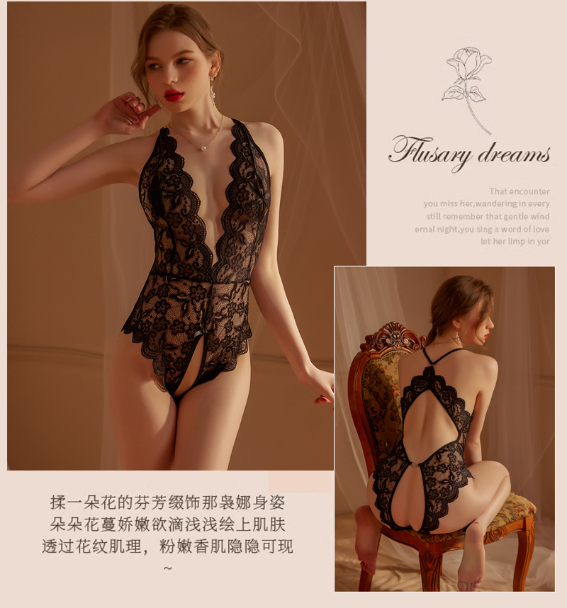 Open-Fit Lace Jumpsuit Lingerie, See-Through Purple One-Piece, Women’s Roleplay Intimate Apparel — detail image 29