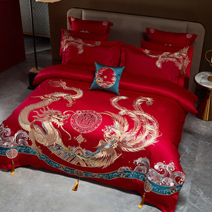 120-Count Xinjiang Long-Staple Cotton Dragon and Phoenix Embroidered Quilt Cover Red Wedding Four-Piece Set Pure Cotton Bed Sheetss 4C^