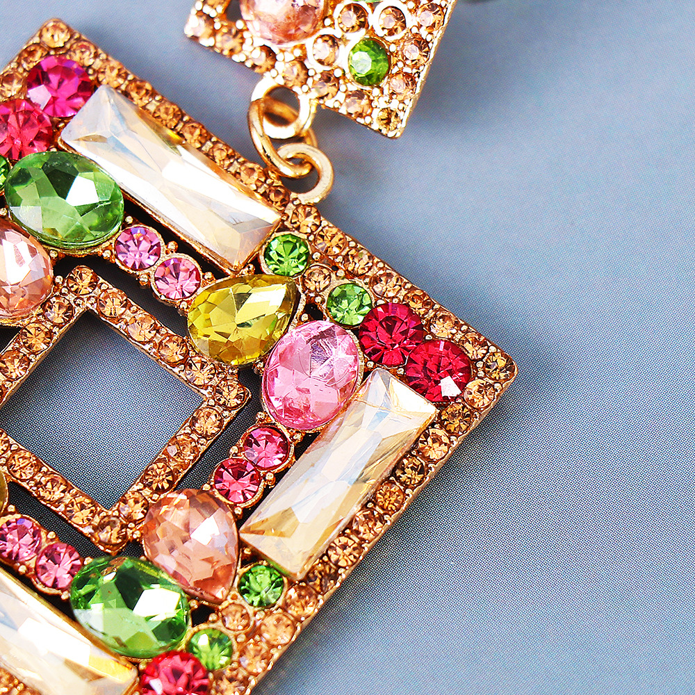 new geometric color diamond square hollow pendant earrings