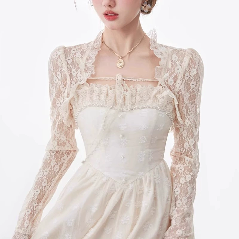 Кружевная рубашка с маленьким плечом блузка для девочек летом сексуальный чистый ветер солнцезащитный кардиган фея кружева шаль топ