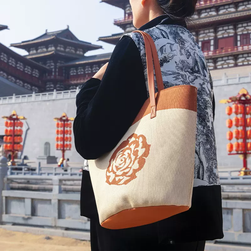 新款中国风牡丹花手提包休闲飞织托特包百搭时尚单肩包针织腋下包