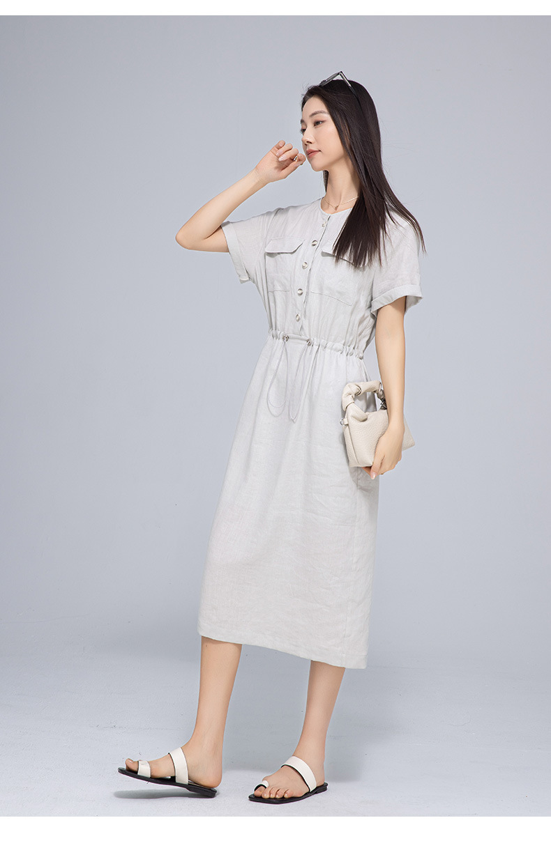 Đầm maxi nữ linen dáng rộng eo rút dây, thiết kế cắt may 3D — màu ô liu xanh chi tiết 30