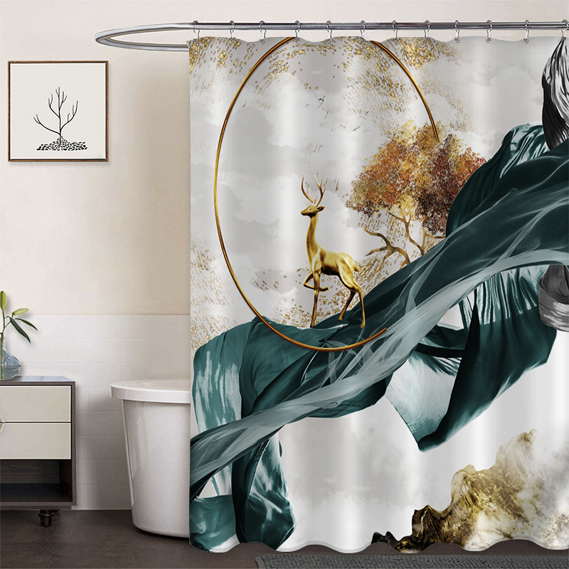 Cortina de ducha de poliéster impresa con hebilla de cortina de ducha de plástico baño cuarto de baño cortina de partición impermeable a prueba de moho