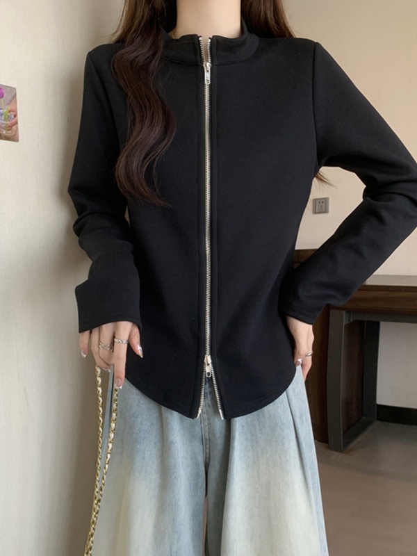 大码正肩立领开衫卫衣外套女秋2025新款胖mm显瘦拉链不规则上衣|undefined