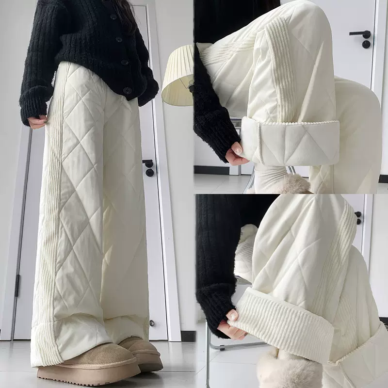 防寒保暖东北棉裤女冬季加绒加厚拼接夹棉休闲裤垂感卷边阔腿裤