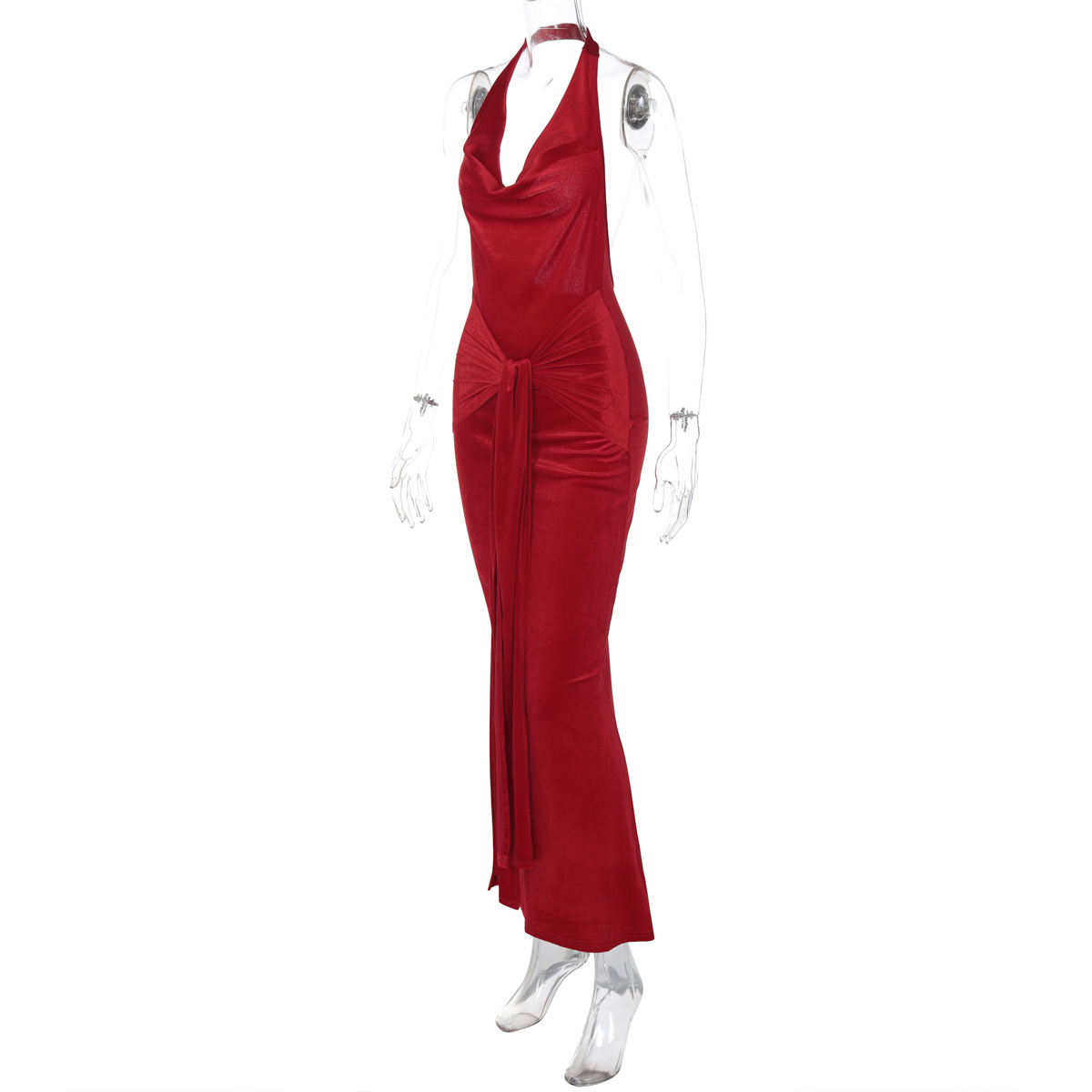 Women Clothing Summer Solid Color V neck Backless Slim Fit Halter Dress Women