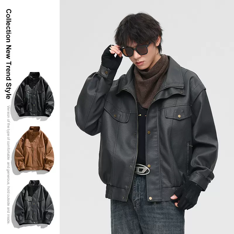 跨境美式复古皮衣男士冬季加绒加厚新款PU皮夹克男款一件代发
