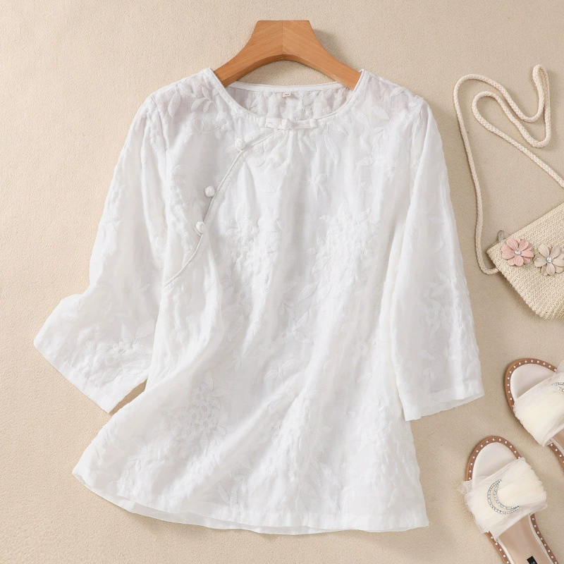 Реальный снимок топа из рами с рукавом три четверти, футболки из хлопка и льна с тяжелой вышивкой, свободного стиля в литературном ретро, ​​новый стиль лета 2023 года.