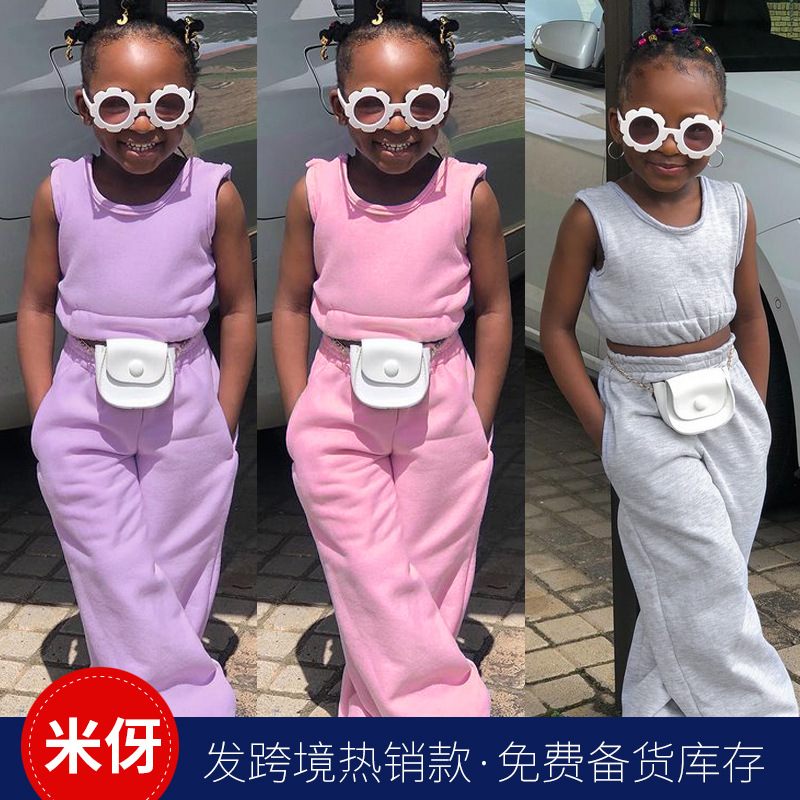 Children's Clothing New Girls' Fashion Casual Sleeveless Vest Solid Color Suit