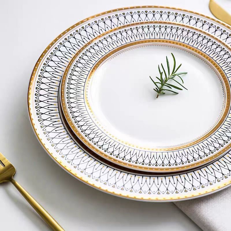 Luxurious Gold-Rimmed Ceramic Dinnerware Set, Bowl and Plate Steak Combo Set for Home Use, Simple and Stylish, High Aesthetic Value, Trendy Rice Bowl