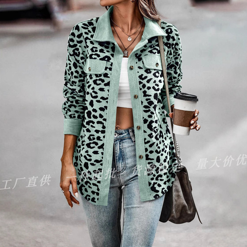 2025 Autumn and Winter Amazon Wish European and American Cross-Border Autumn and Winter Fashion Leopard Print Button Long-Sleeved Jacket for Women