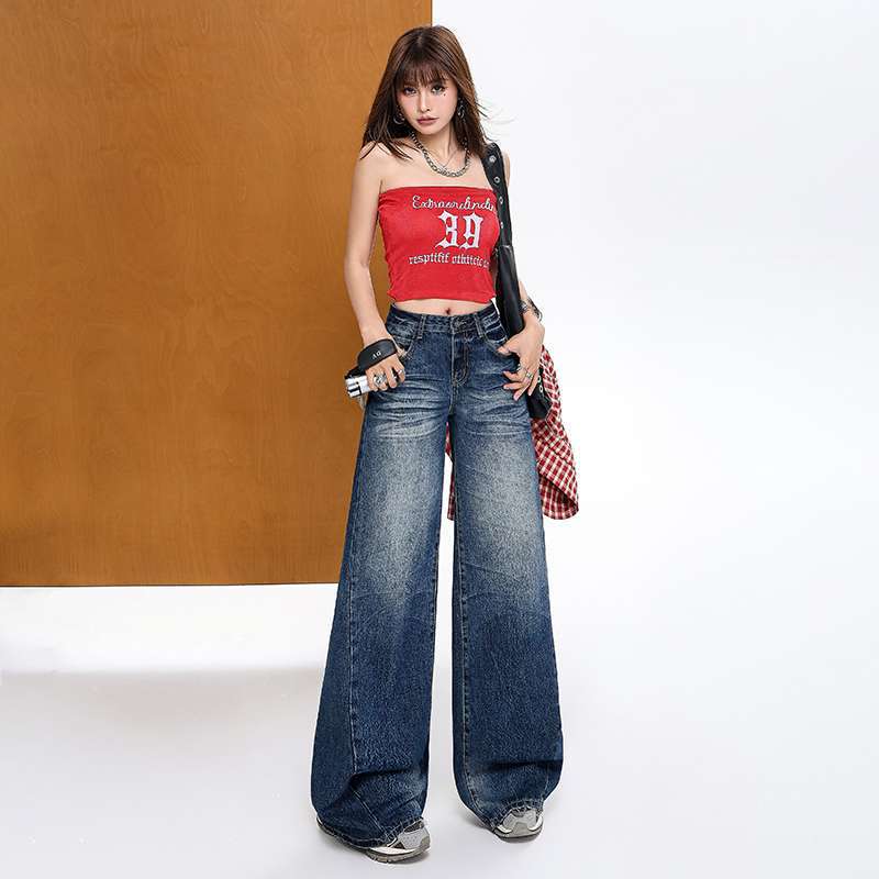 Wholesale Zipper American Retro High Street Heavy-Duty Wrinkled Mid-Low Waist Loose Wide-Leg Floor-Length Jeans for Women