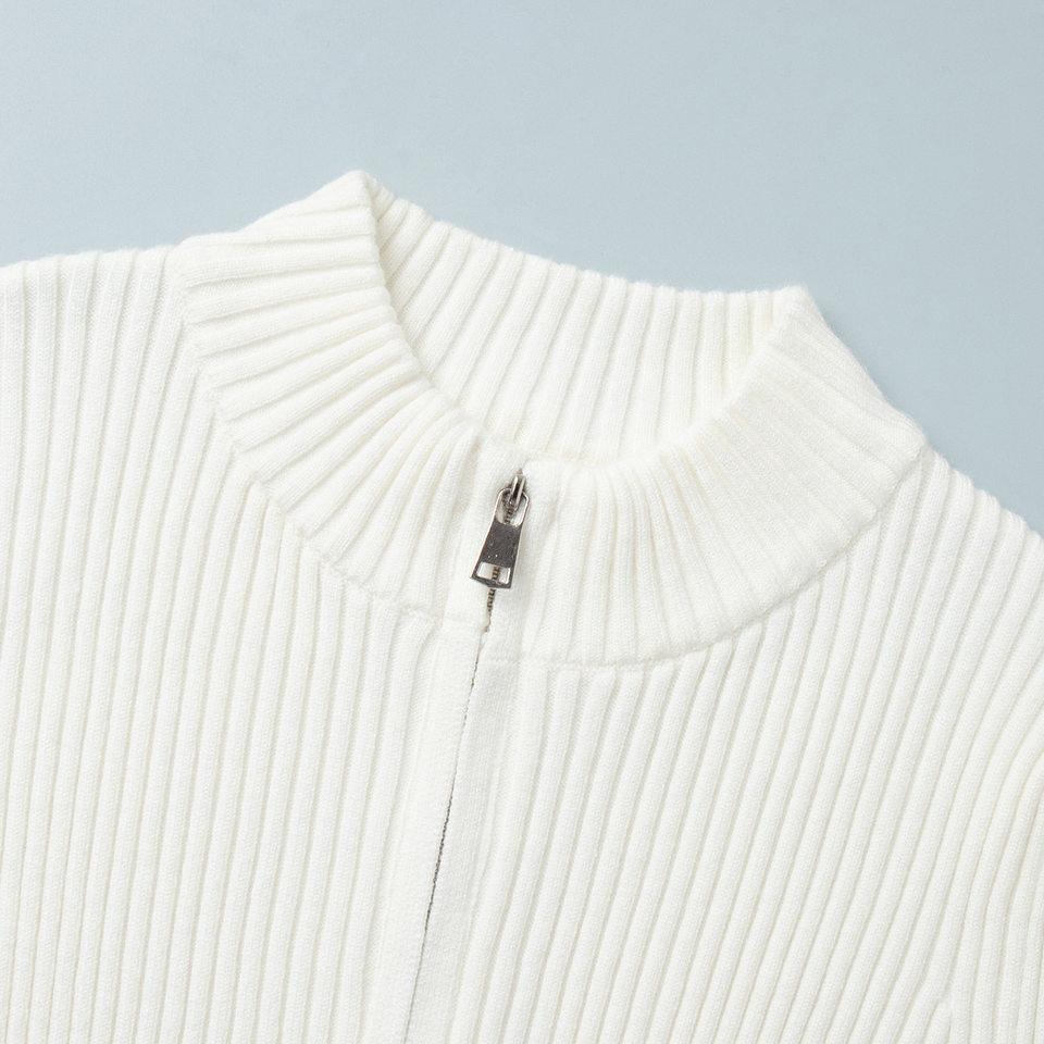 Áo cardigan len dệt kim cổ đứng, tay dài, khóa kéo đôi, dáng ôm ngắn — trắng, đen chi tiết 24