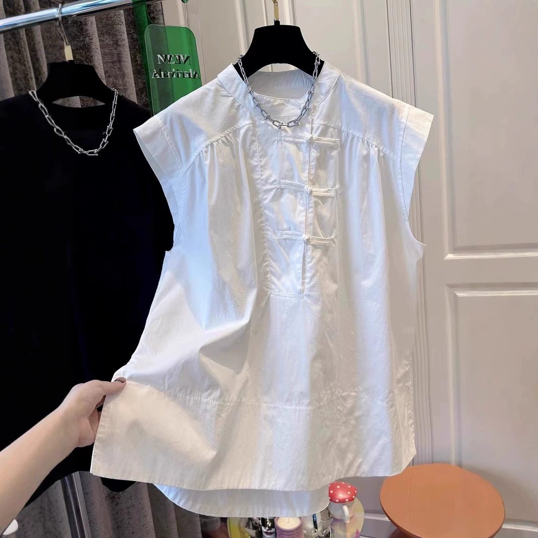 Новая белая маленькая рубашка с летающими рукавами в китайском стиле в национальном стиле для женщин, летний свободный повседневный пуловер без рукавов, тонкий топ