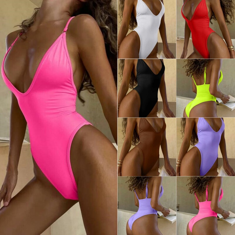 2025 New Sexy European and American Women's One-Piece Swimsuit Solid Color Multi-Color Swimsuit Cross-Border Amazon Foreign Trade Wholesale