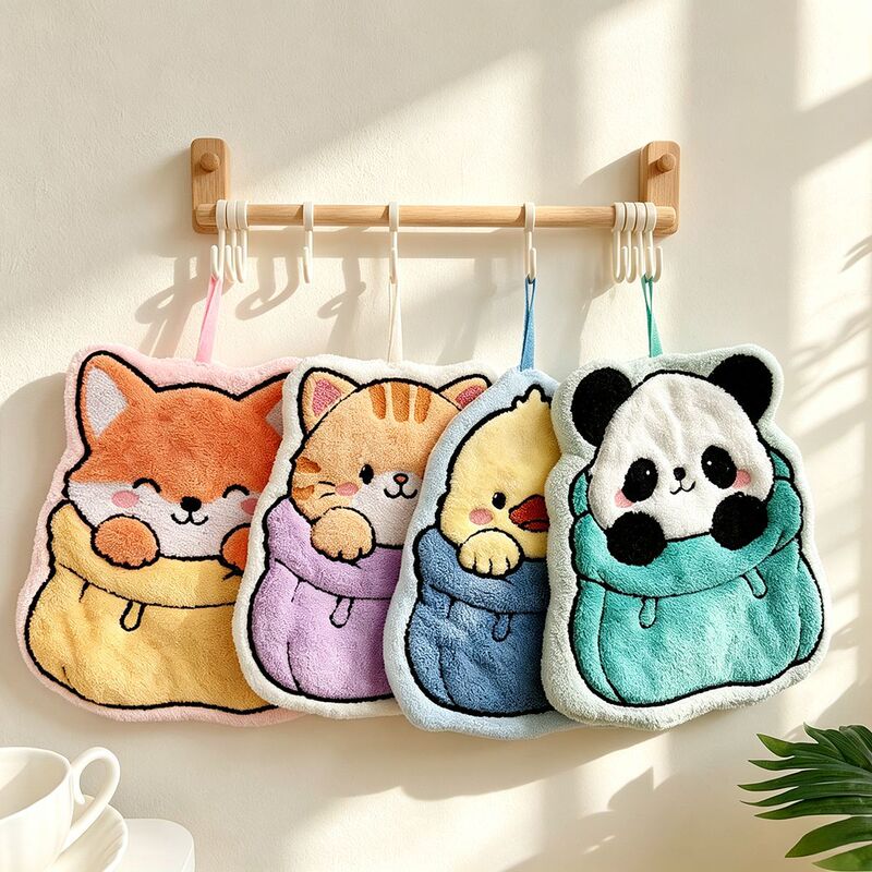 New cross-border pocket animal hand towel, cartoon hanging coral fleece hand towel, thickened and absorbent, kitchen gift