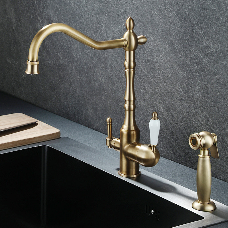All-Copper French-Style Vintage Kitchen Direct-Drinking Three-In-One Sink with Hot and Cold Rotating Ceramic Handle Faucet