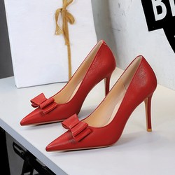8351-H136 Korean style Pana pattern bow decoration pointed shallow mouth, one foot kick, thin heel, super high heels women's shoes