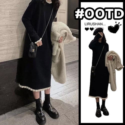 Coat paired with a knitted base sweater and a mini-length dress—perfect for petite figures in black, ideal for autumn and winter women's wear.