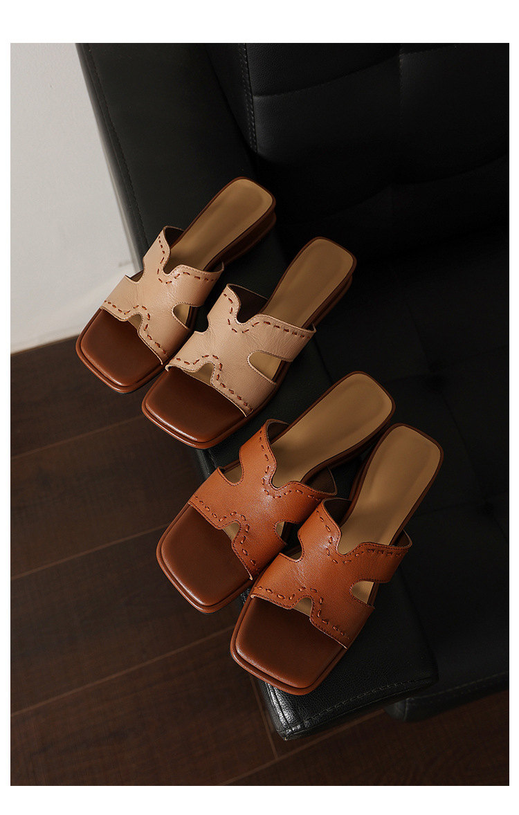 Dép sandal nữ quai chữ V đầu vuông đế bệt da dê — màu nâu chi tiết 5