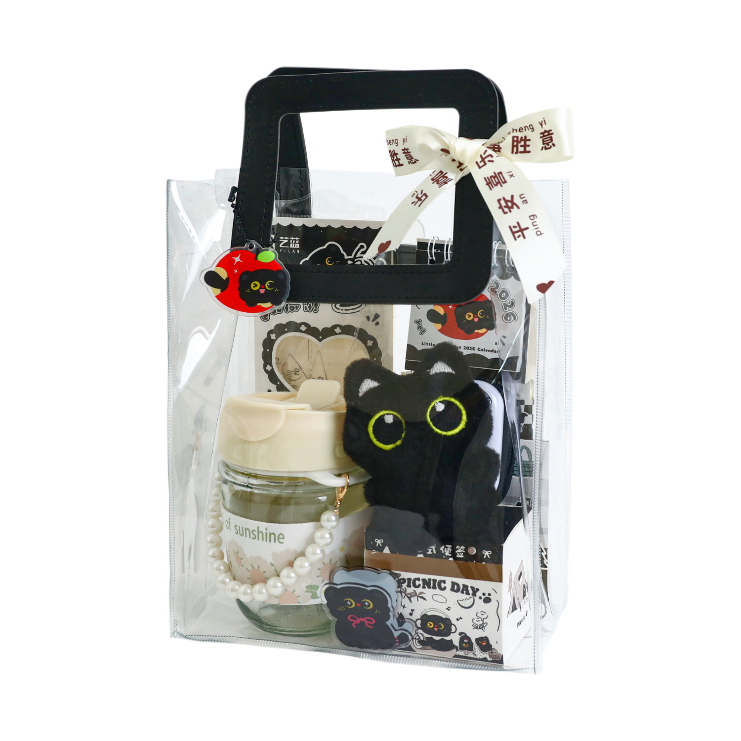 ins pequeño gato negro con mano, caja de regalo encantadora, dama de honor, regalo de cumpleaños, regalo de apertura