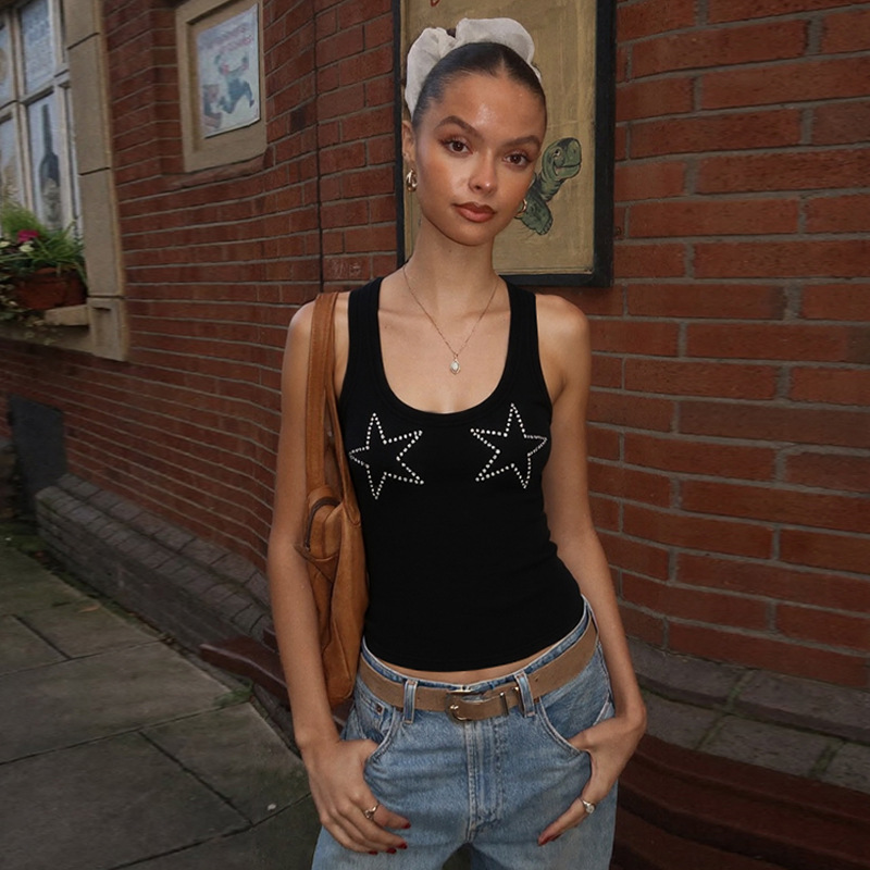 Women's Clothing Women's Slim Fit Solid Color Rhinestone Vest Versatile Top Style Fashionable Hot Girl Winter_ecoleips.com