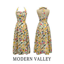 法式复古油画印花连衣裙女夏季长裙挂脖抹胸设计感度假风礼服裙子