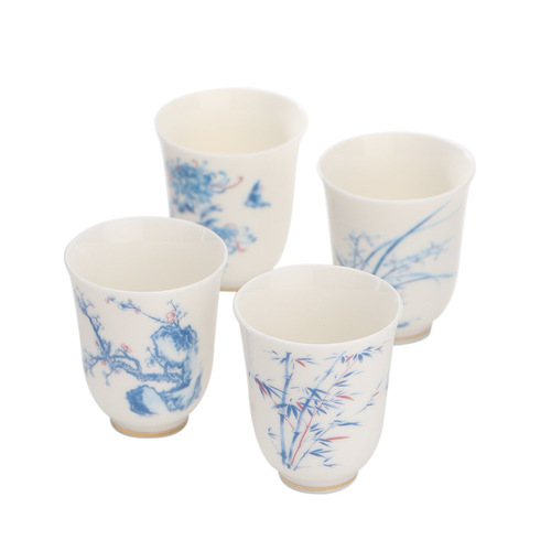 Teacup White Jade Gongfu Tea Cup Plum, Orchid, Bamboo, and Maple Owner Cup Aroma Cup Single Cup Tea Lamp Festival Gift Set