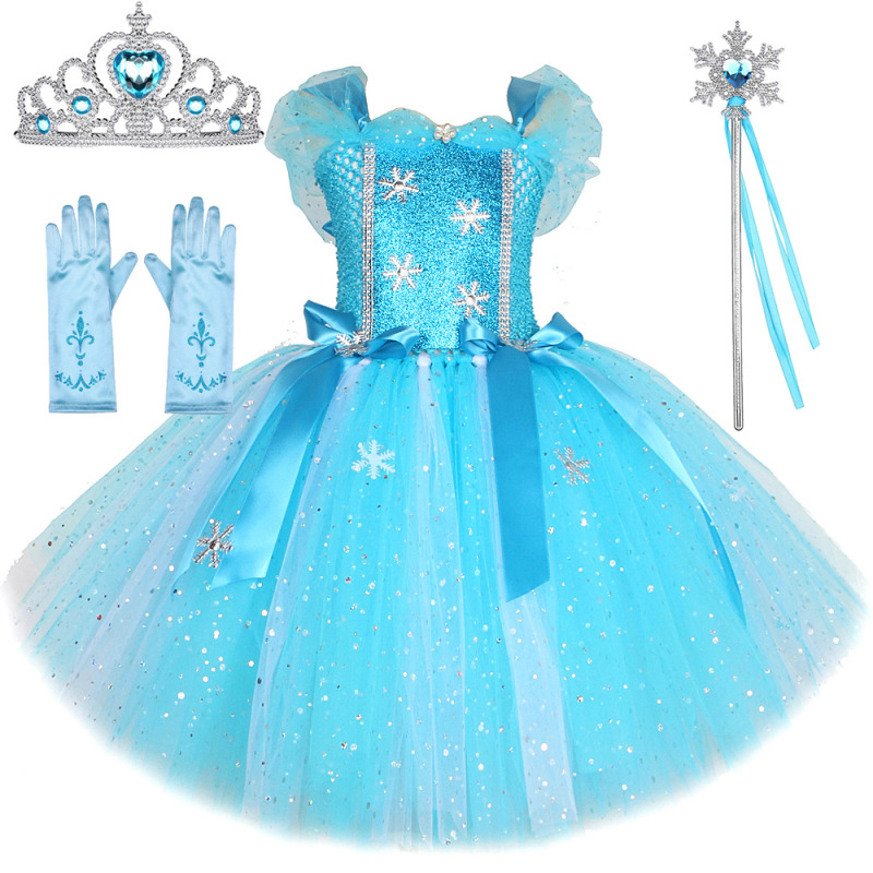Sequin Elsa Magic Set Cosplay Dress Christmas Ice Queen Elsa Princess Dress Puff Dress