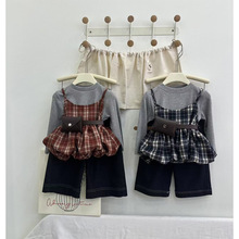 女童套装秋装2025新款儿童洋气衣服宝宝直筒裤三件套春秋格子上衣