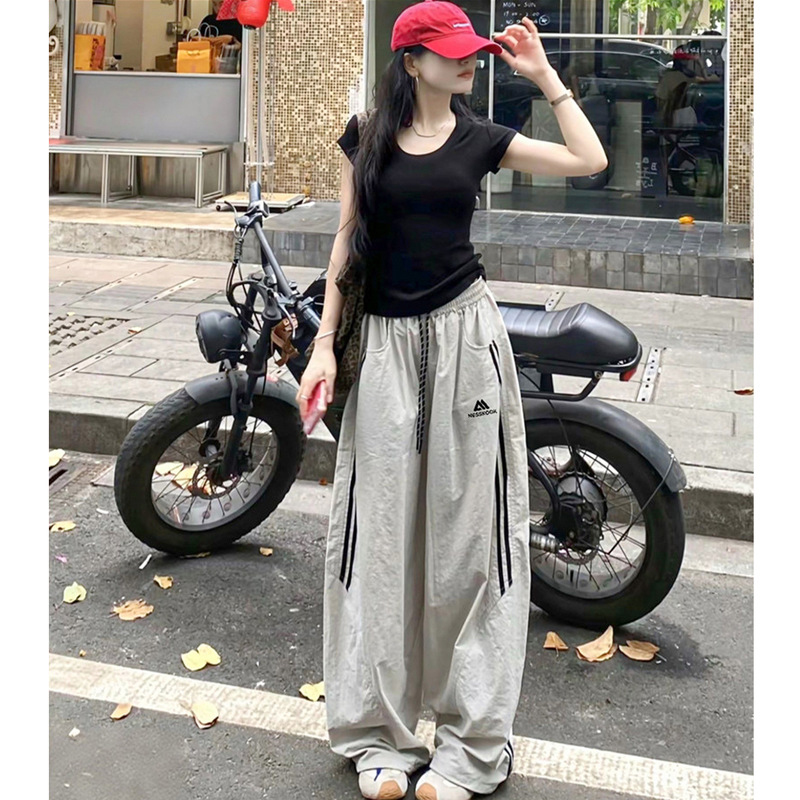 American-Style Embroidered Striped Quick-Dry Double-Stripe Pants for Women, Summer 2026 New Loose Straight-Leg Quick-Dry Casual Sports Long Pants