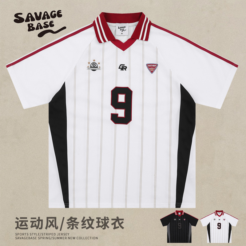 Savagebase American-Style Trendy Brand Vertical Striped Sports Football Jersey with Contrasting Color Splicing and Deconstructed Design, Thin Lapel T-Shirt Savagebase American-Style Trendy Brand Vertical Striped Sports Football Jersey with Contrasting Color Splicing and Deconstructed Design, Thin Lapel T-Shirt