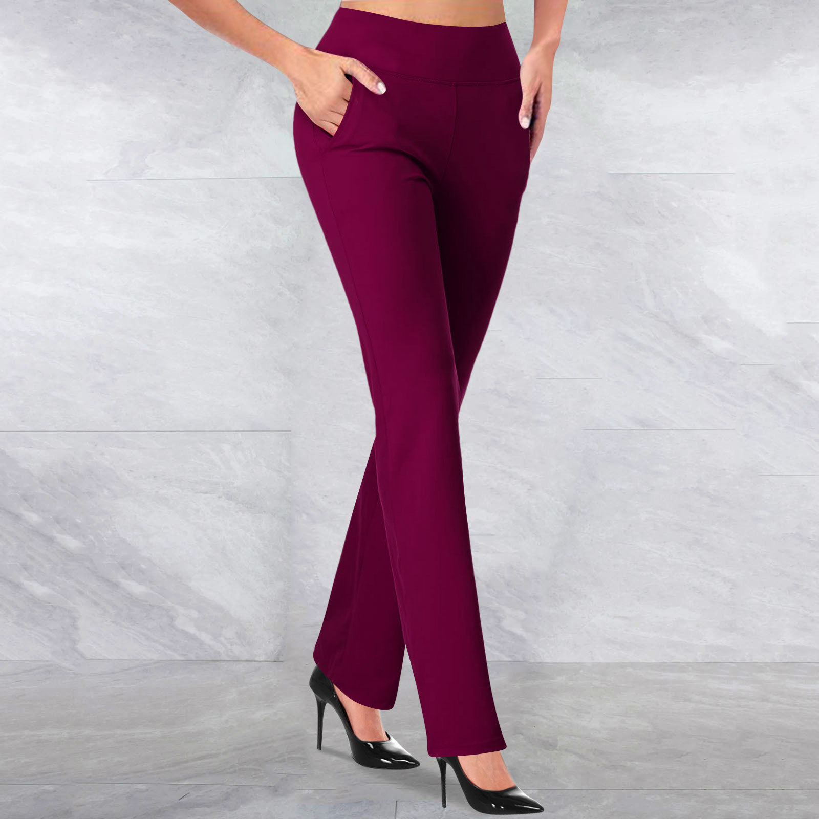 Stretchy Elasticity Women's Office Business Solid Color Full Length Pocket Dress Pants