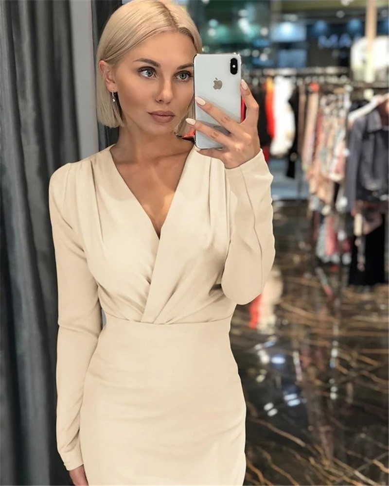 Polyester Fabric Type High Waist Waist Line Street Occasion Wholesale Women's Elegant Solid Color Street V Neck Long Sleeve Sheath Dress