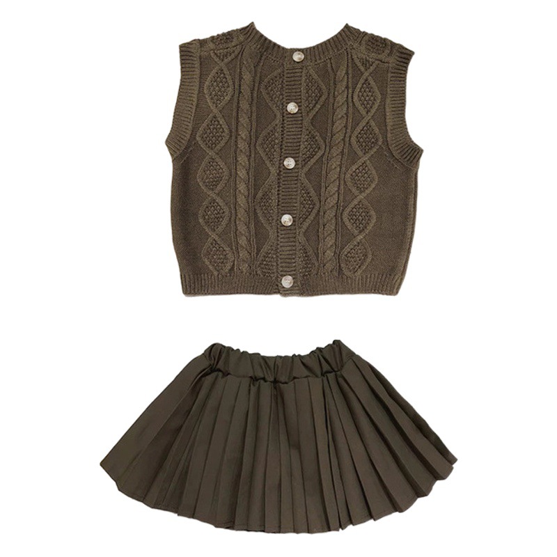 Niñas suéter chaleco 2023 nueva primavera y otoño retro color sólido giro tejido cardigan casual de los niños Falda plisada