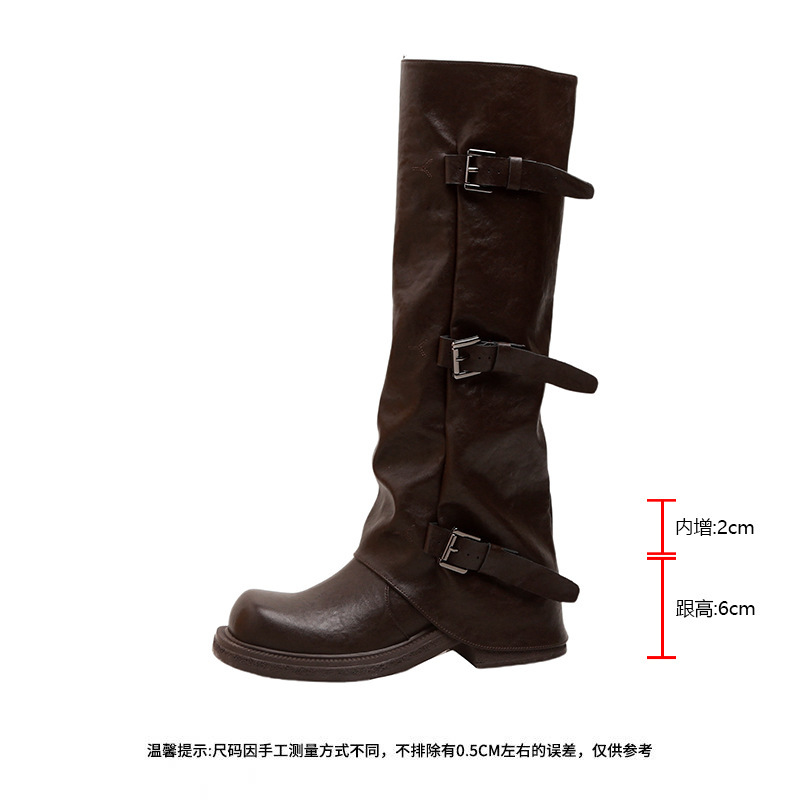 增高8cm~葡萄妈款皮带扣方圆头褶皱中筒骑士西部褶皱堆堆裤管女靴|undefined