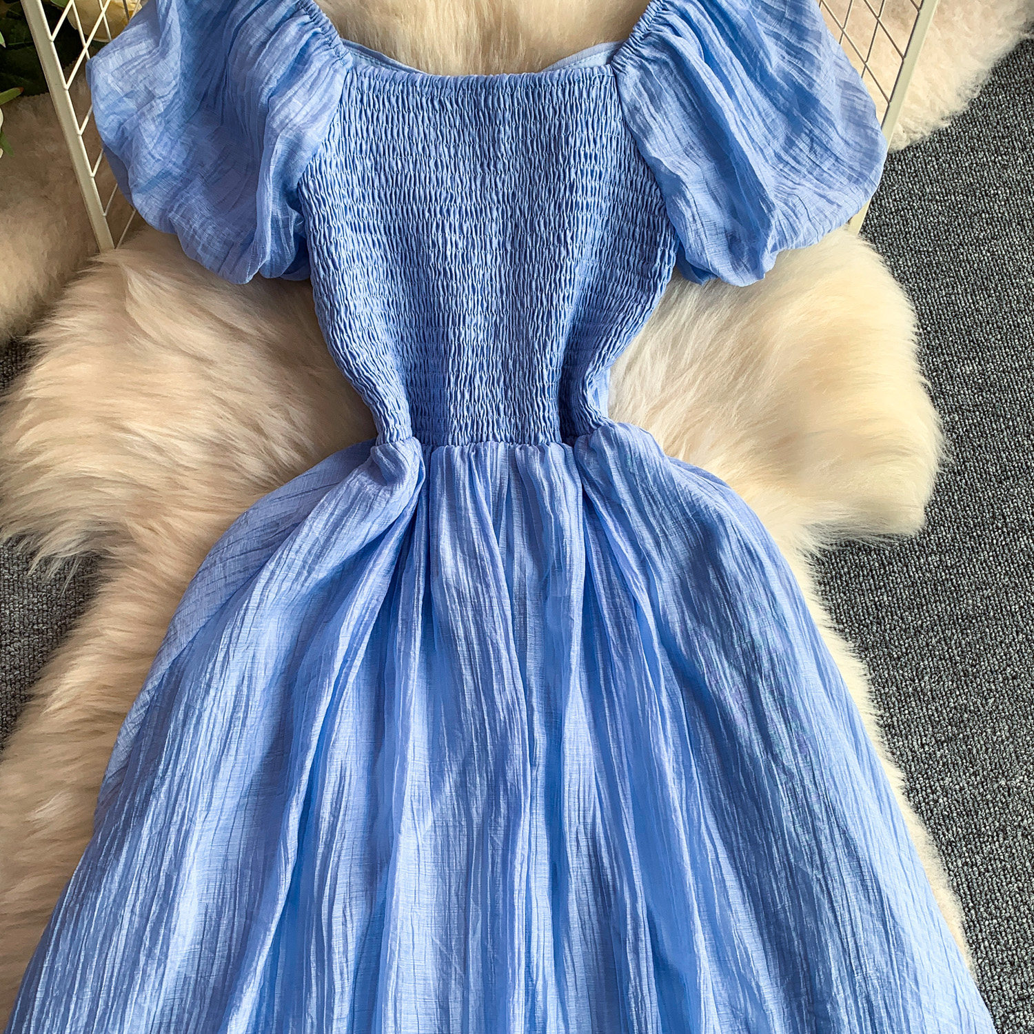 Women's French Style Elegant Square Neck Puff Sleeve Dress Casual Slit Long Skirt Pleated Waist Slimming Summer Style_ecoleips.com