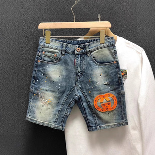Summer High-End Trendy Brand Embroidered Denim Shorts for Men Korean Style Trendy Ripped Splash-Ink Elastic Slim Straight Five-Point Pants