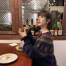 复古费尔岛针织马海毛提花毛衣女秋冬季圣诞韩系穿搭宽松慵懒上衣